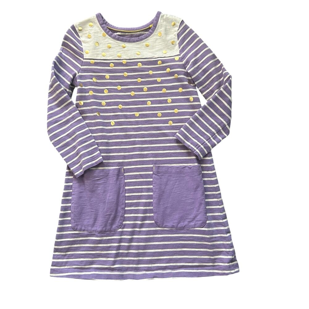Mini Boden purple striped dress gold polka dots 6 7 cotton pockets